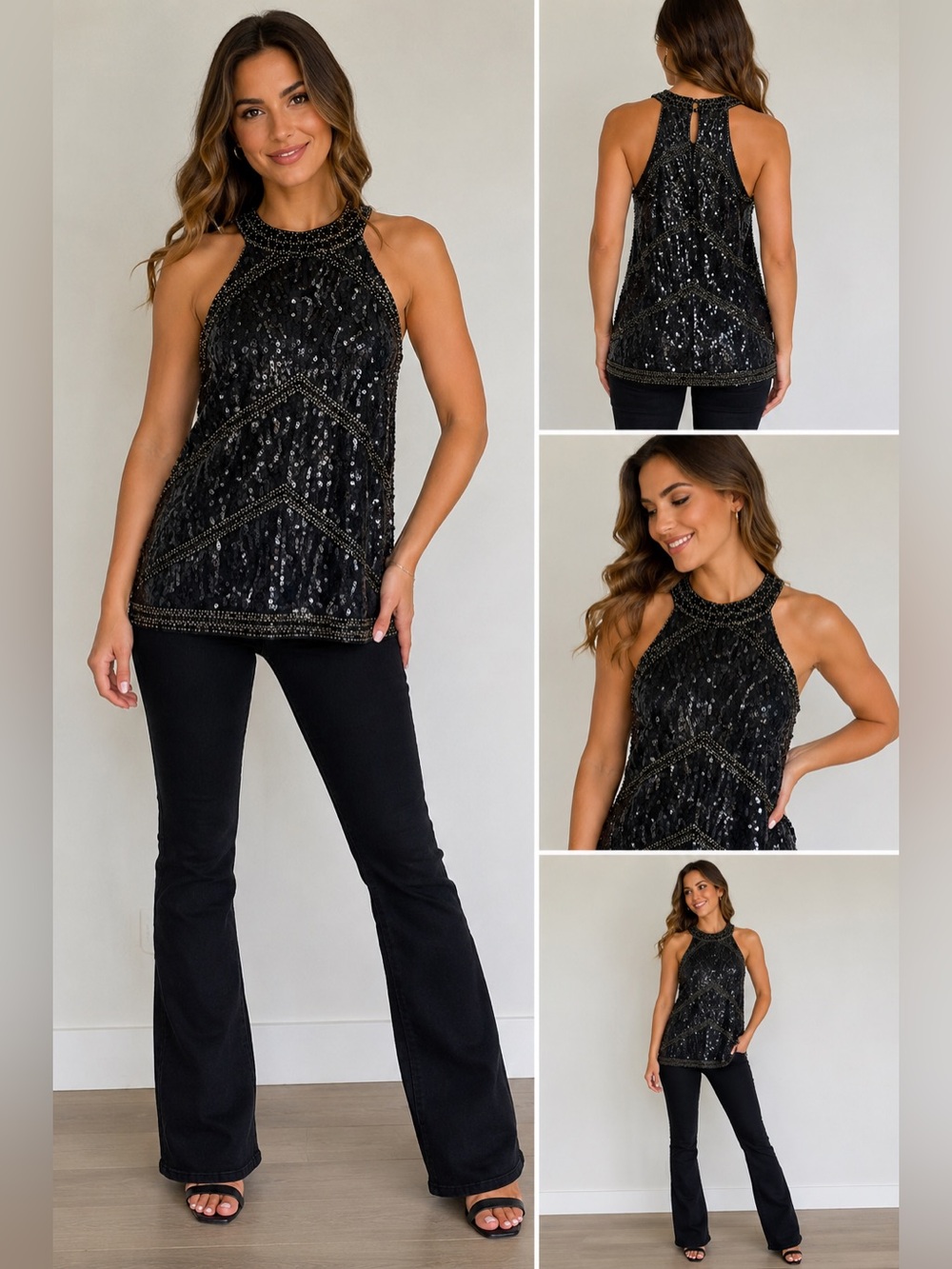 LTX Black Sequin Halter Top Small Beaded Cocktail Party Night Out Shimmer